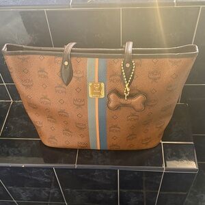 MCM Brown Tote with Blue and Orange Stripe